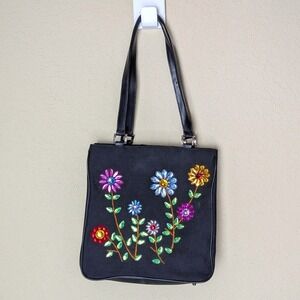 Black Floral Embroidered Handbag with‎ Jeweled Accents – Boho Garden Retro